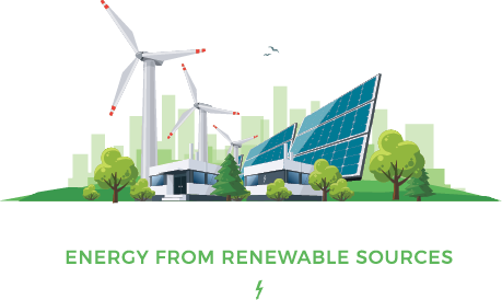 Isolated vector illustration of clean electric energy from renewable sources sun and wind  Power plant station buildings with solar panels and wind turbines on city skyline urban landscape background 