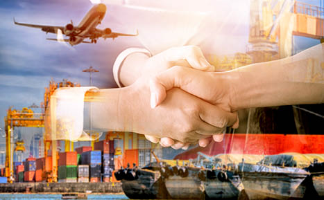 Double Exposure of a businessman handshake on the Industrial port with containers background  Business import-export concept,Logistics concept 