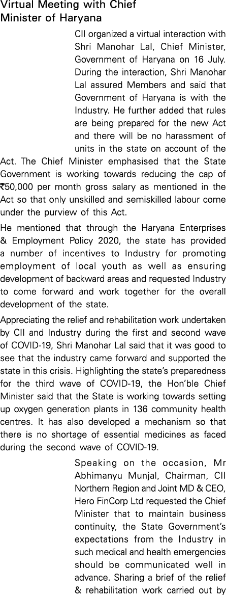 Virtual Meeting with Chief Minister of Haryana CII organized a virtual interaction with Shri Manohar Lal, Chief Minis   