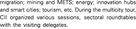 migration; mining and METS; energy; innovation hubs and smart cities; tourism, etc  During the multicity tour, CII or   
