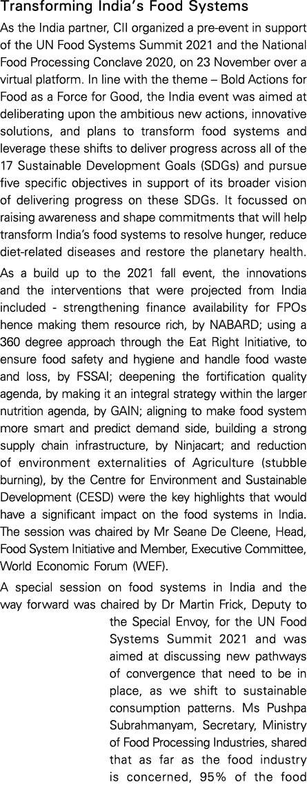 Transforming India s Food Systems As the India partner, CII organized a pre-event in support of the UN Food Systems S   