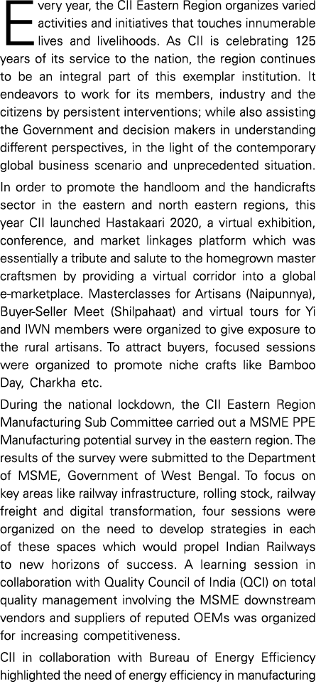 Every year, the CII Eastern Region organizes varied activities and initiatives that touches innumerable lives and liv   