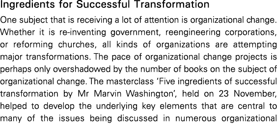 Ingredients for Successful Transformation One subject that is receiving a lot of attention is organizational change     