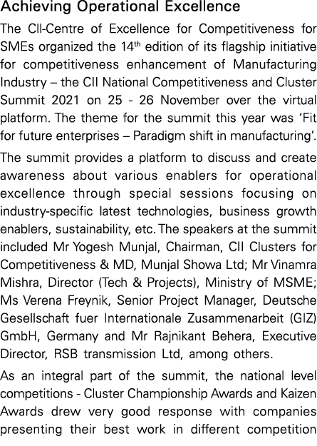 Achieving Operational Excellence The Cll-Centre of Excellence for Competitiveness for SMEs organized the 14th edition   