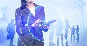 Unrecognizable businesswoman using tablet computer in city with double exposure of her team and online business interface  Concept of work during covid 19 coronavirus pandemic  Toned image