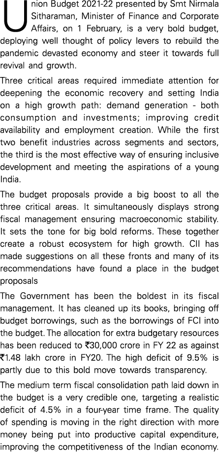 Union Budget 2021-22 presented by Smt Nirmala Sitharaman, Minister of Finance and Corporate Affairs, on 1 February, i   