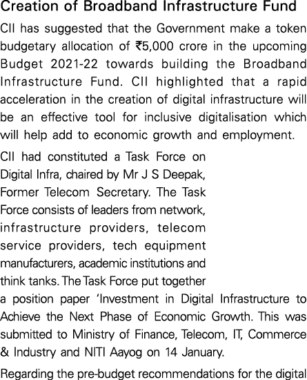 Creation of Broadband Infrastructure Fund CII has suggested that the Government make a token budgetary allocation of    