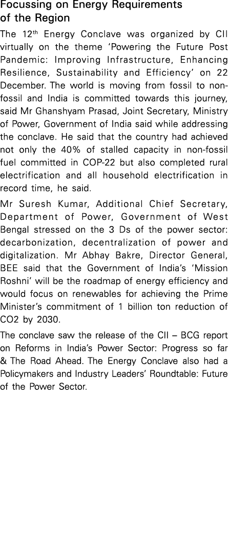 Focussing on Energy Requirements of the Region The 12th Energy Conclave was organized by CII virtually on the theme     