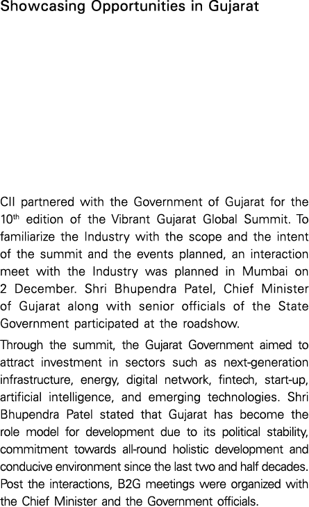 Showcasing Opportunities in Gujarat CII partnered with the Government of Gujarat for the 10th edition of the Vibrant    