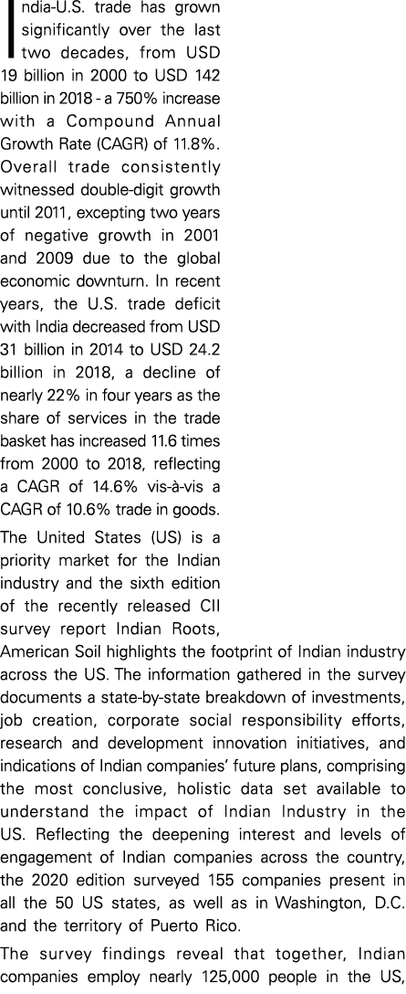 India-U S  trade has grown significantly over the last two decades, from USD 19 billion in 2000 to USD 142 billion in   