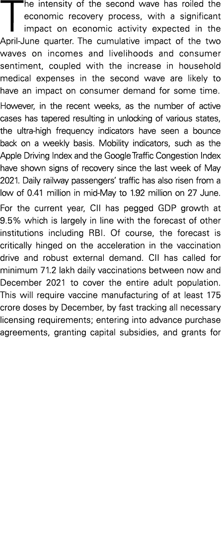 The intensity of the second wave has roiled the economic recovery process, with a significant impact on economic acti   