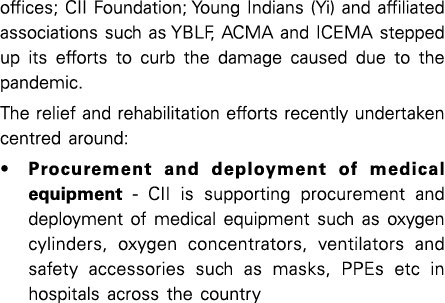 offices; CII Foundation; Young Indians (Yi) and affiliated associations such as YBLF, ACMA and ICEMA stepped up its e   