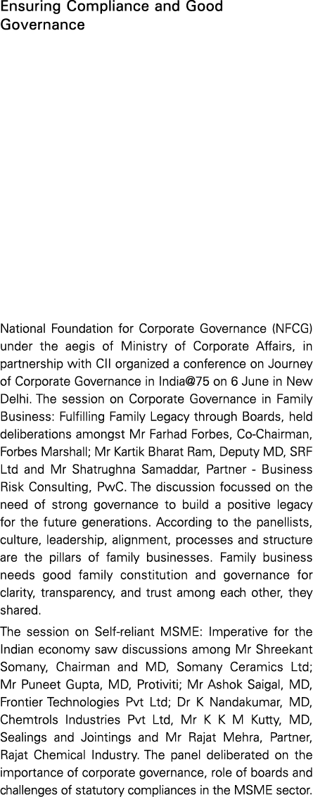Ensuring Compliance and Good Governance National Foundation for Corporate Governance (NFCG) under the aegis of Minist   