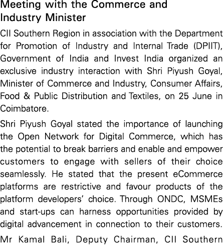 Meeting with the Commerce and Industry Minister CII Southern Region in association with the Department for Promotion    