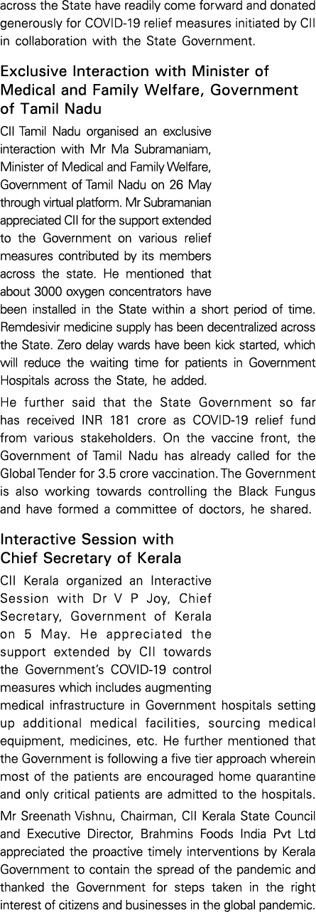 across the State have readily come forward and donated generously for COVID-19 relief measures initiated by CII in co   