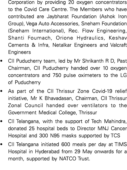 Corporation by providing 20 oxygen concentrators to the Covid Care Centre  The Members who have contributed are Jaybh   