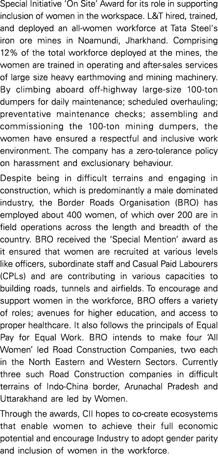 Special Initiative  On Site  Award for its role in supporting inclusion of women in the workspace  L&T hired, trained   