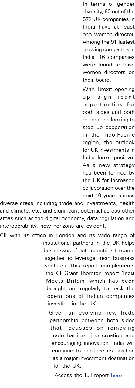 In terms of gender diversity, 60 out of the 572 UK companies in India have at least one women director  Among the 91    