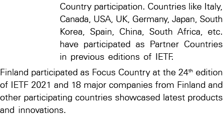 Country participation  Countries like Italy, Canada, USA, UK, Germany, Japan, South Korea, Spain, China, South Africa   