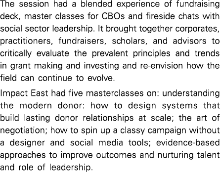 The session had a blended experience of fundraising deck, master classes for CBOs and fireside chats with social sect   