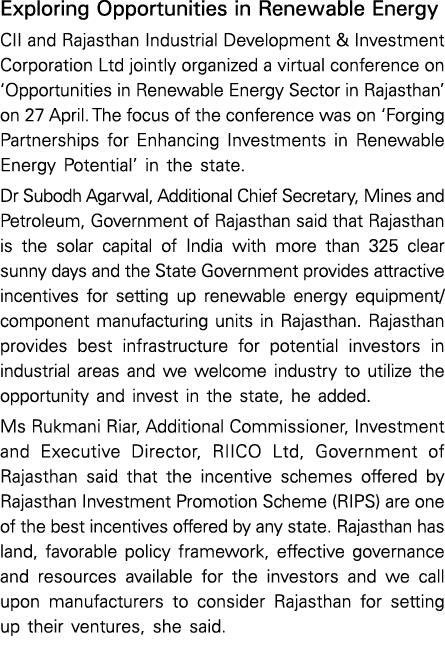 Exploring Opportunities in Renewable Energy CII and Rajasthan Industrial Development & Investment Corporation Ltd joi   