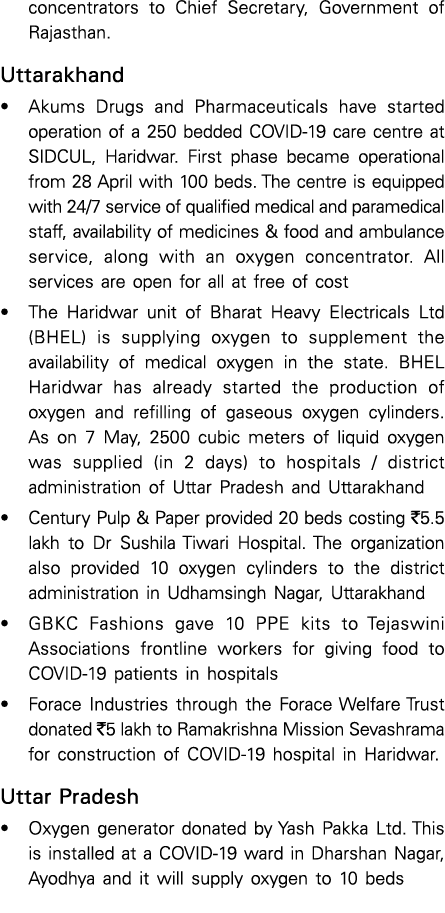 concentrators to Chief Secretary, Government of Rajasthan  Uttarakhand   Akums Drugs and Pharmaceuticals have started   