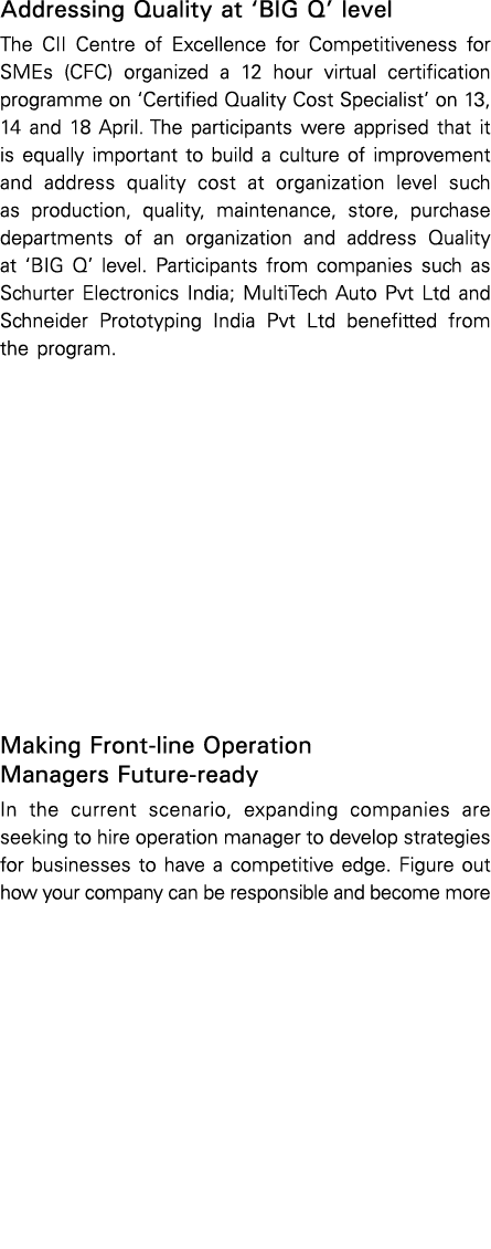 Addressing Quality at  BIG Q  level The CII Centre of Excellence for Competitiveness for SMEs (CFC) organized a 12 ho   