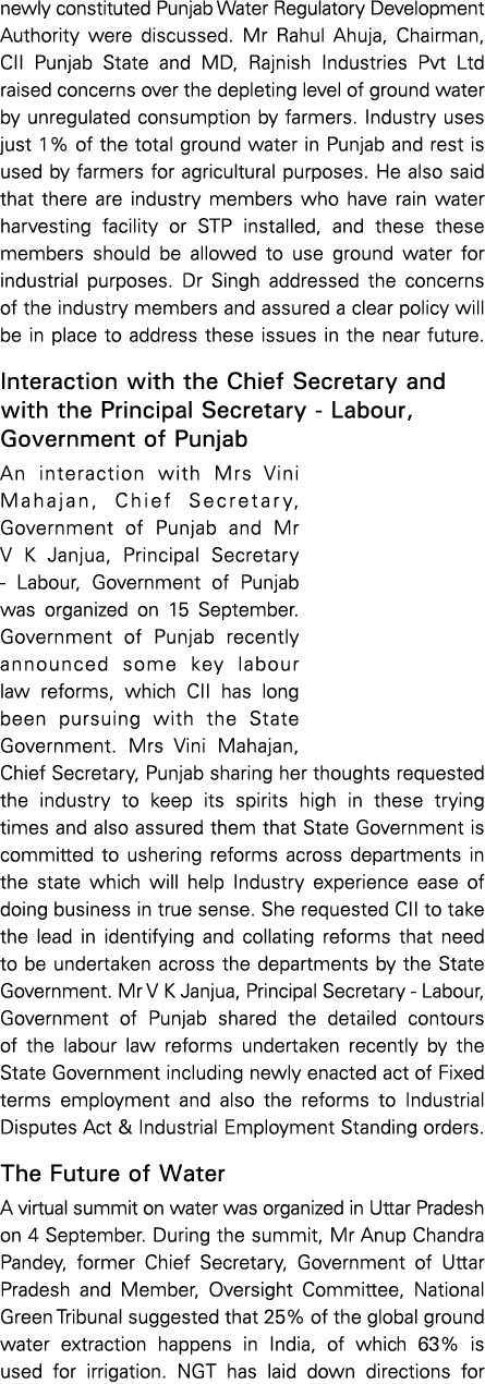 newly constituted Punjab Water Regulatory Development Authority were discussed  Mr Rahul Ahuja, Chairman, CII Punjab    